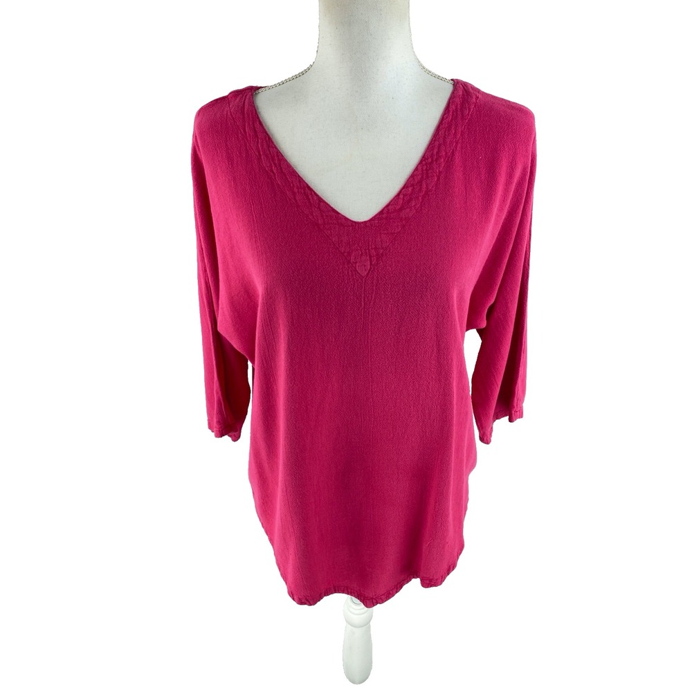 Oh My Gauze! 2 L Womens Handkerchief Hem Pink V-Neck 3/4 Sleeve Lagenlook